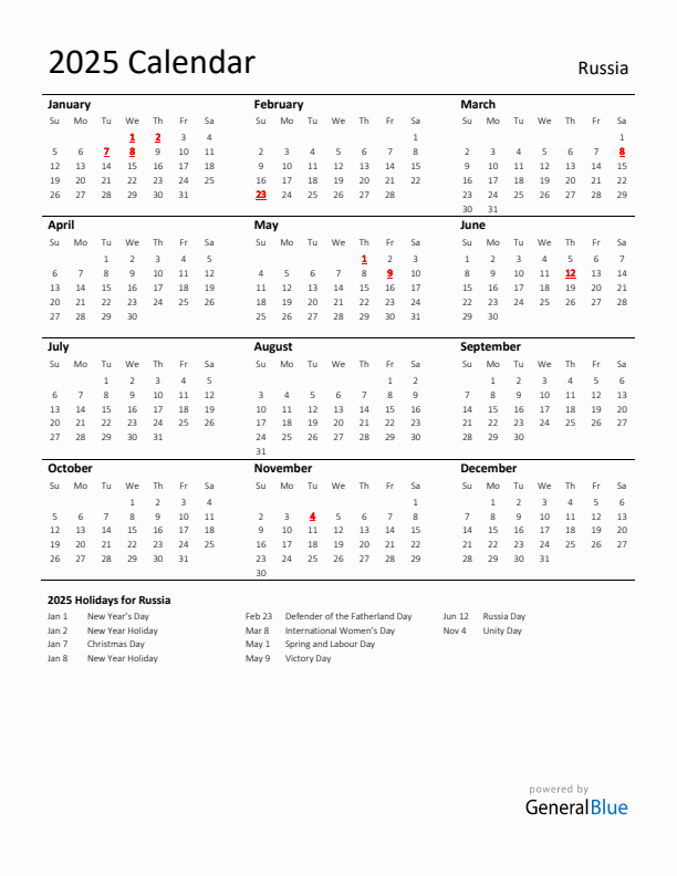 Standard Holiday Calendar for 2025 with Russia Holidays