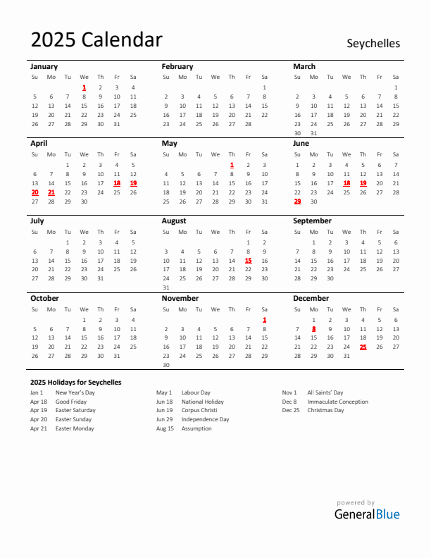 Standard Holiday Calendar for 2025 with Seychelles Holidays 