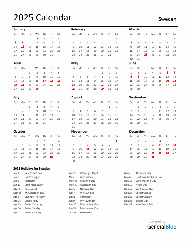Standard Holiday Calendar for 2025 with Sweden Holidays