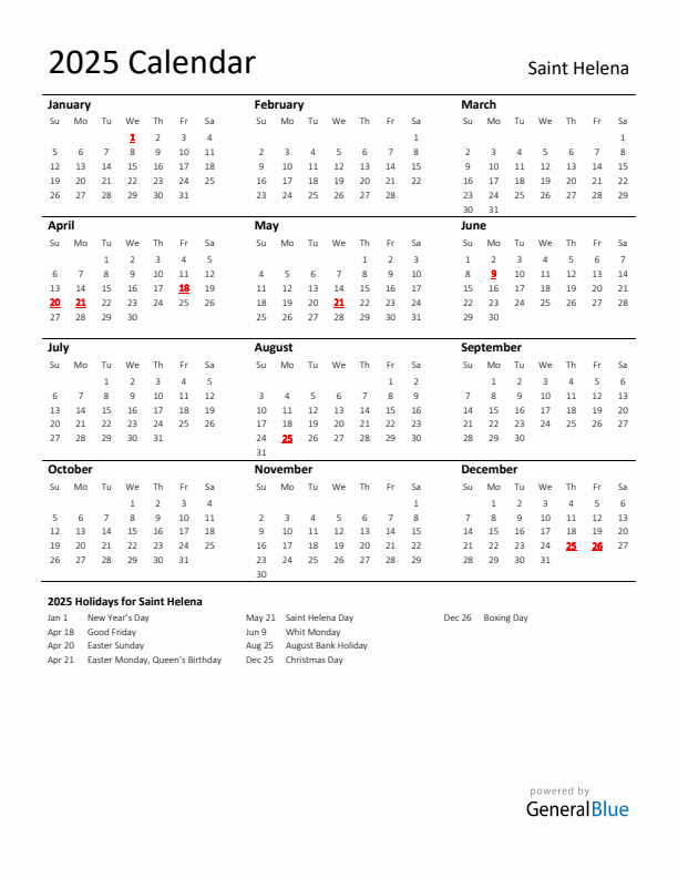 Standard Holiday Calendar for 2025 with Saint Helena Holidays