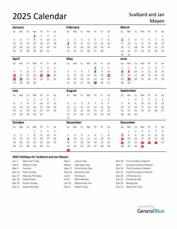 Standard Holiday Calendar for 2025 with Svalbard and Jan Mayen Holidays