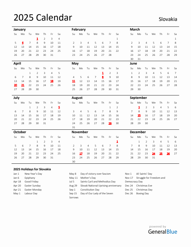 Standard Holiday Calendar for 2025 with Slovakia Holidays