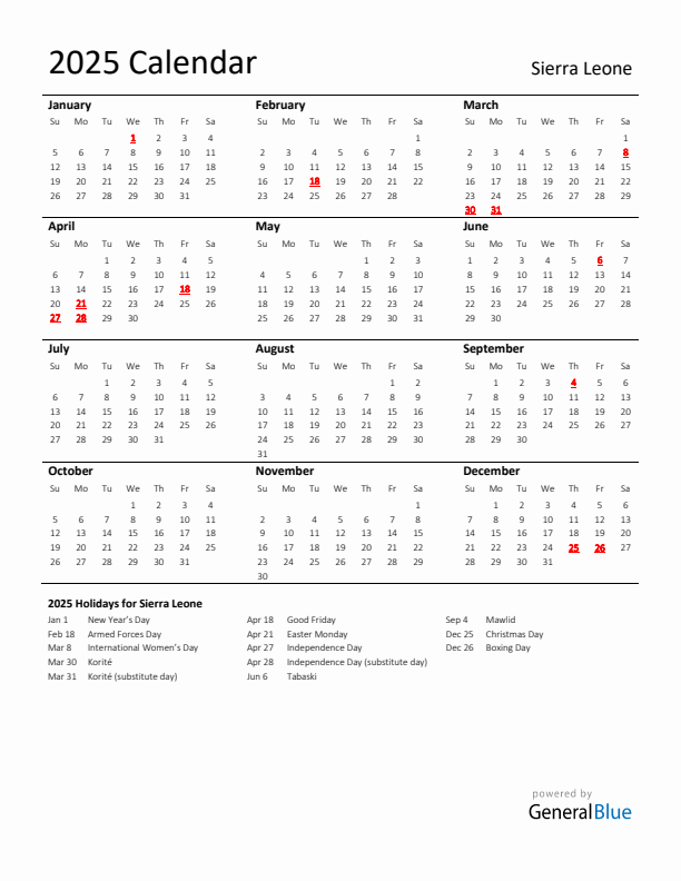 Standard Holiday Calendar for 2025 with Sierra Leone Holidays 