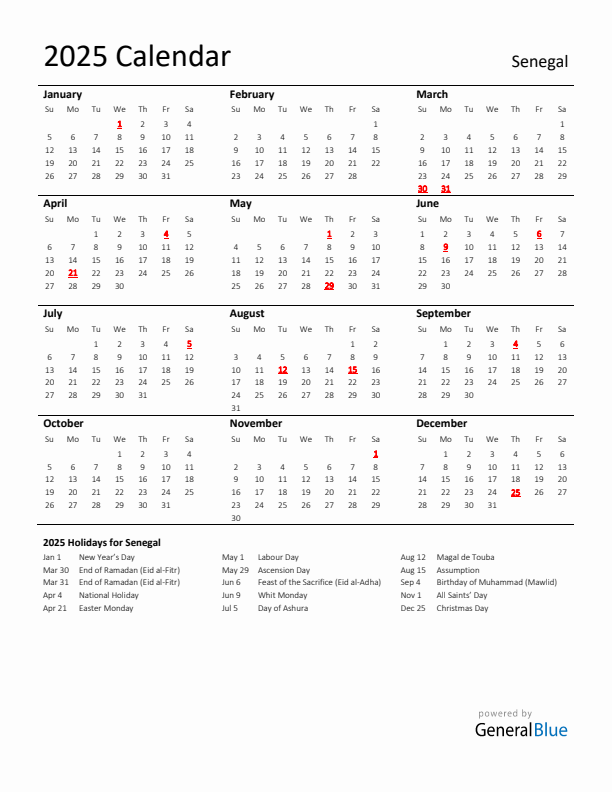 Standard Holiday Calendar for 2025 with Senegal Holidays 