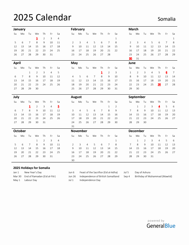Standard Holiday Calendar for 2025 with Somalia Holidays