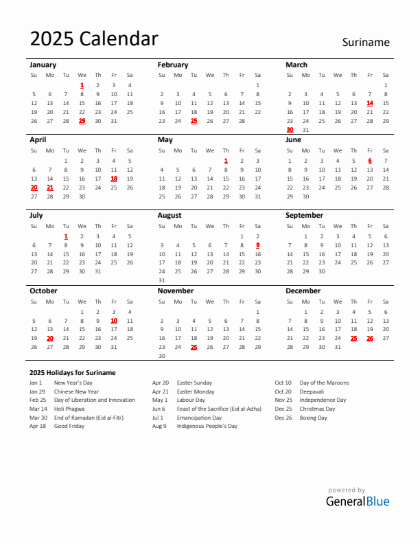 Standard Holiday Calendar for 2025 with Suriname Holidays 