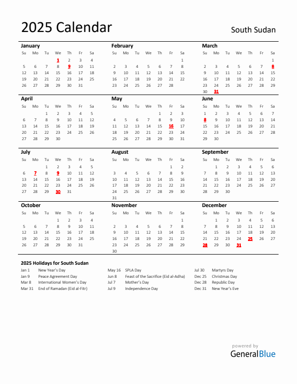 Standard Holiday Calendar for 2025 with South Sudan Holidays