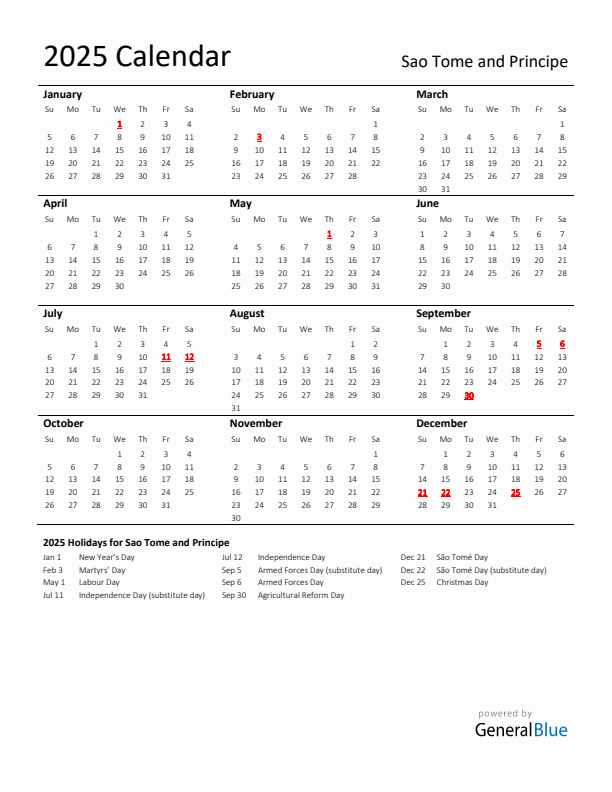 Standard Holiday Calendar for 2025 with Sao Tome and Principe Holidays 