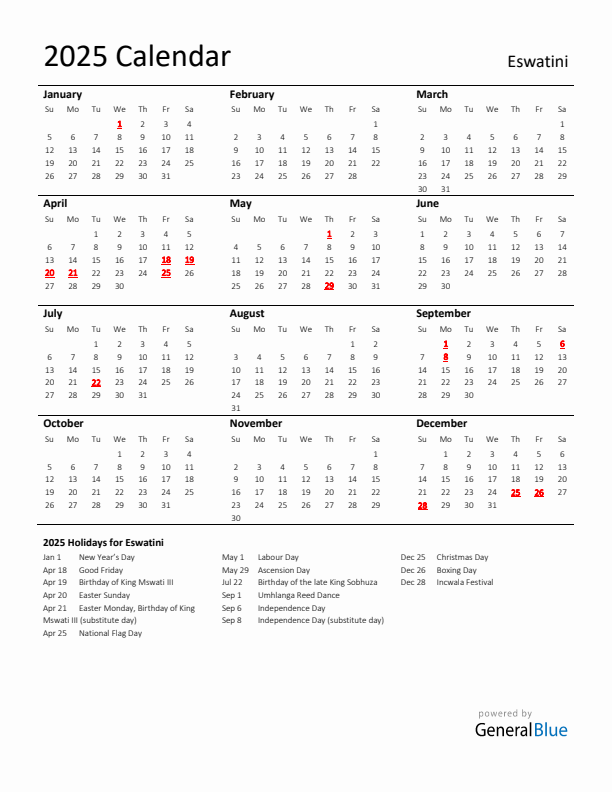 Standard Holiday Calendar for 2025 with Eswatini Holidays 