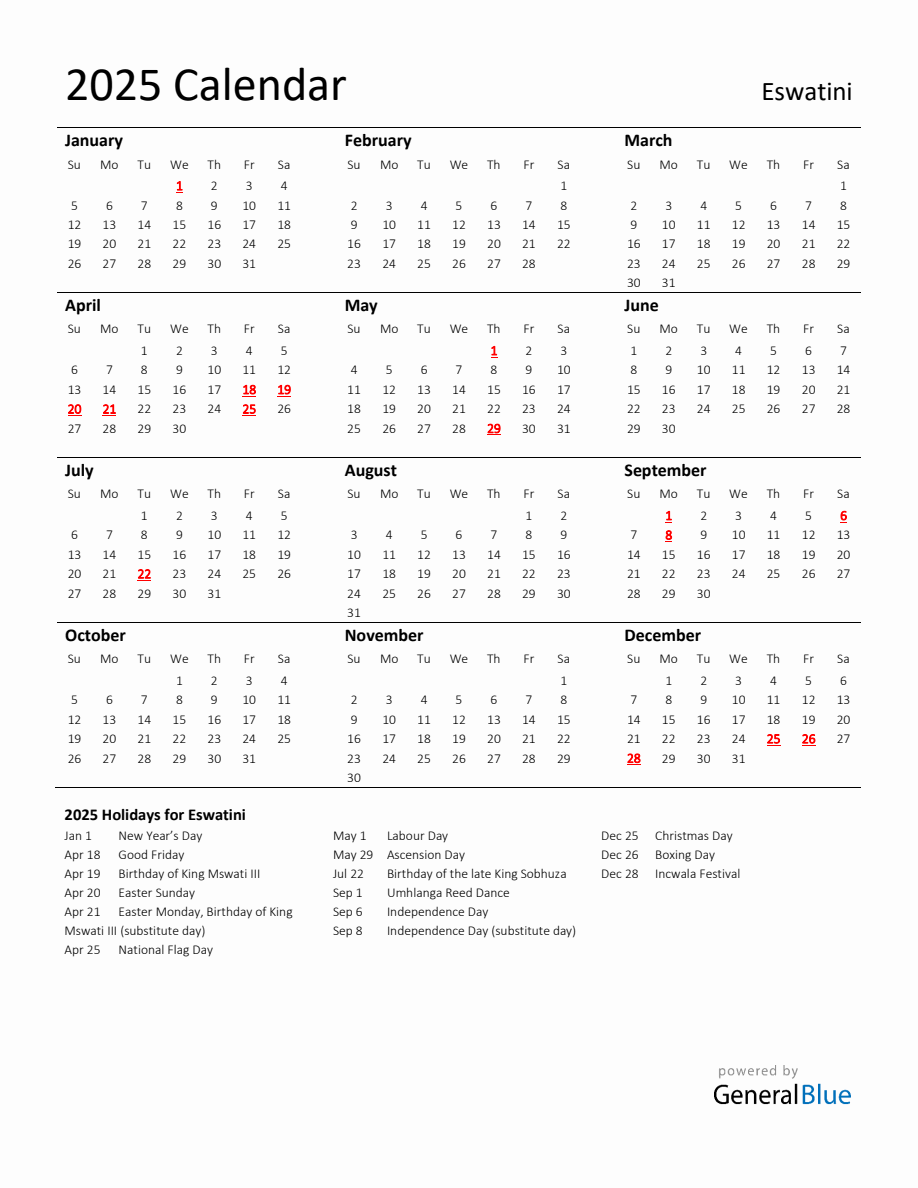 Standard Holiday Calendar for 2025 with Eswatini Holidays