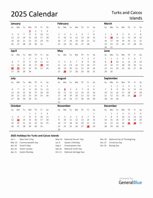 Standard Holiday Calendar for 2025 with Turks and Caicos Islands Holidays 
