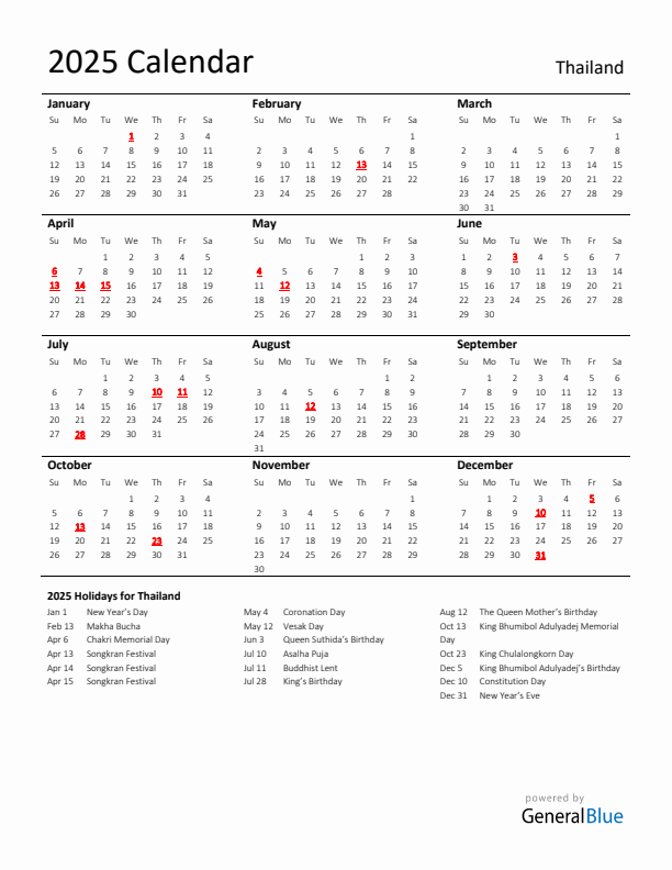 Standard Holiday Calendar for 2025 with Thailand Holidays 