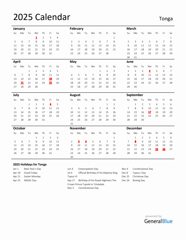 Standard Holiday Calendar for 2025 with Tonga Holidays 