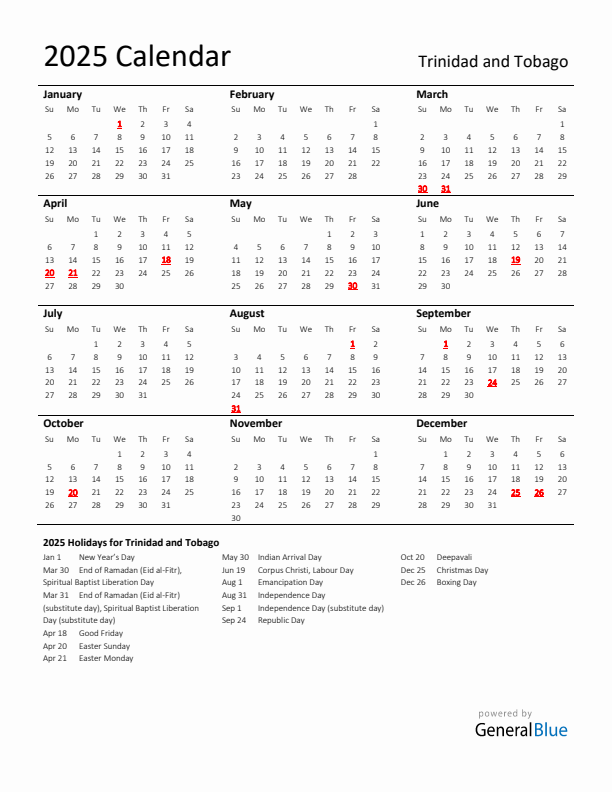 Standard Holiday Calendar for 2025 with Trinidad and Tobago Holidays 
