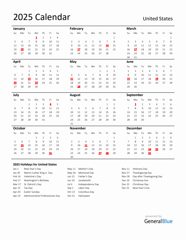 Standard Holiday Calendar for 2025 with United States Holidays