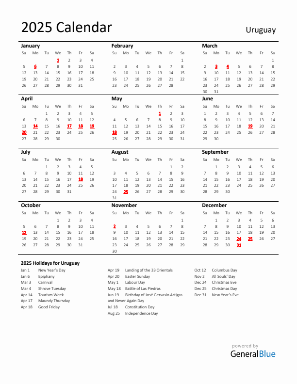 Standard Holiday Calendar for 2025 with Uruguay Holidays