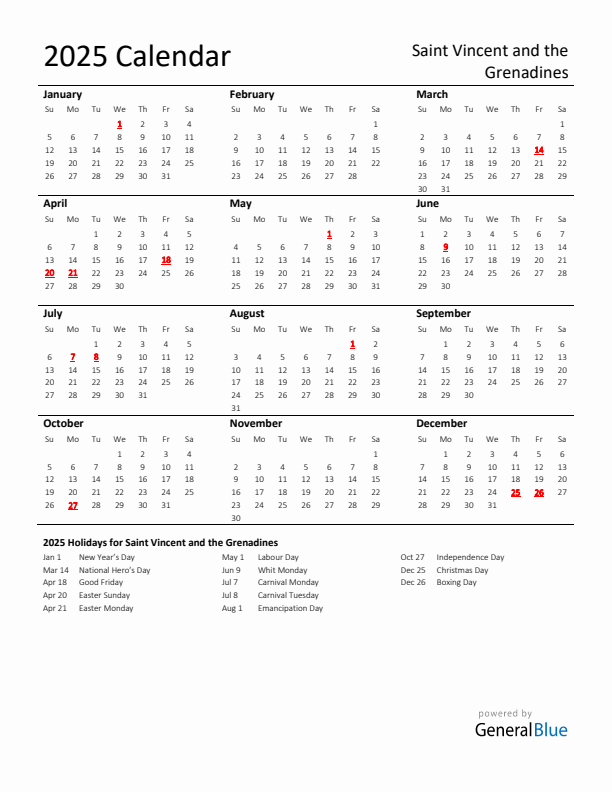 Standard Holiday Calendar for 2025 with Saint Vincent and the Grenadines Holidays 