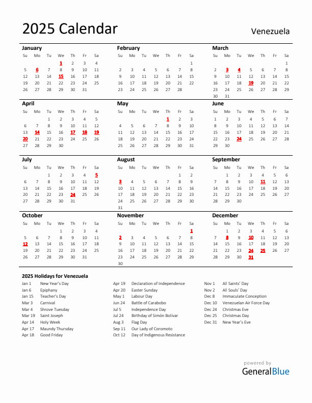 Standard Holiday Calendar for 2025 with Venezuela Holidays