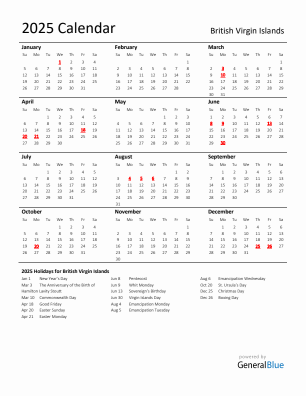 Standard Holiday Calendar for 2025 with British Virgin Islands Holidays 