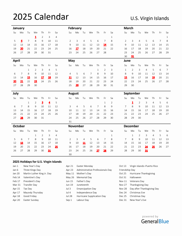 Standard Holiday Calendar for 2025 with U.S. Virgin Islands Holidays 