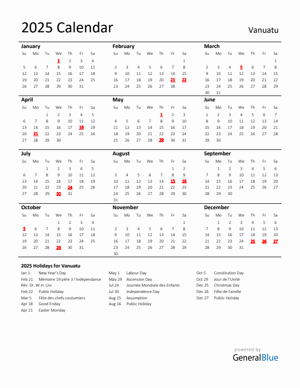 Standard Holiday Calendar for 2025 with Vanuatu Holidays 