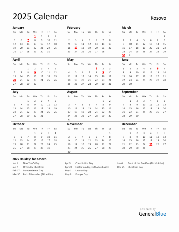 Standard Holiday Calendar for 2025 with Kosovo Holidays