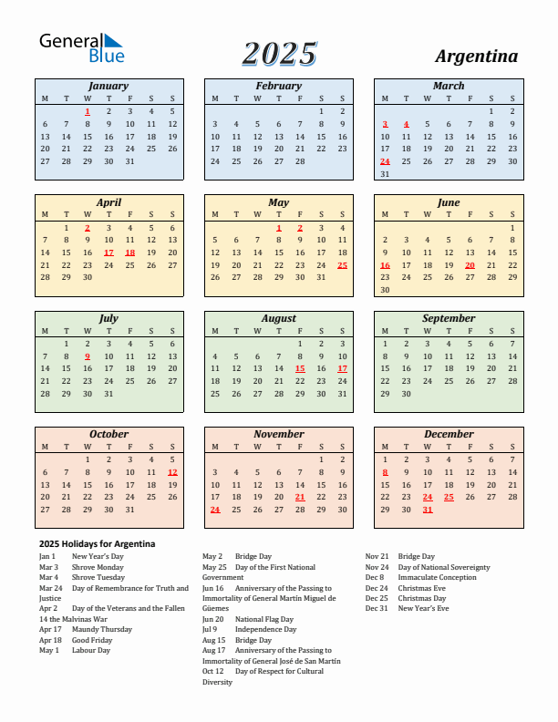 Argentina Calendar 2025 with Monday Start