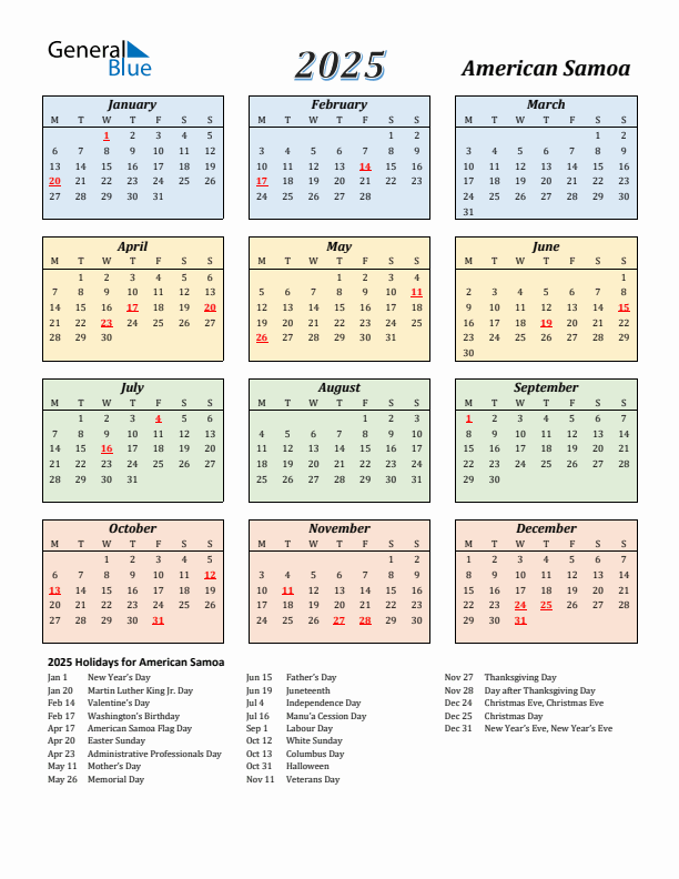 American Samoa Calendar 2025 with Monday Start