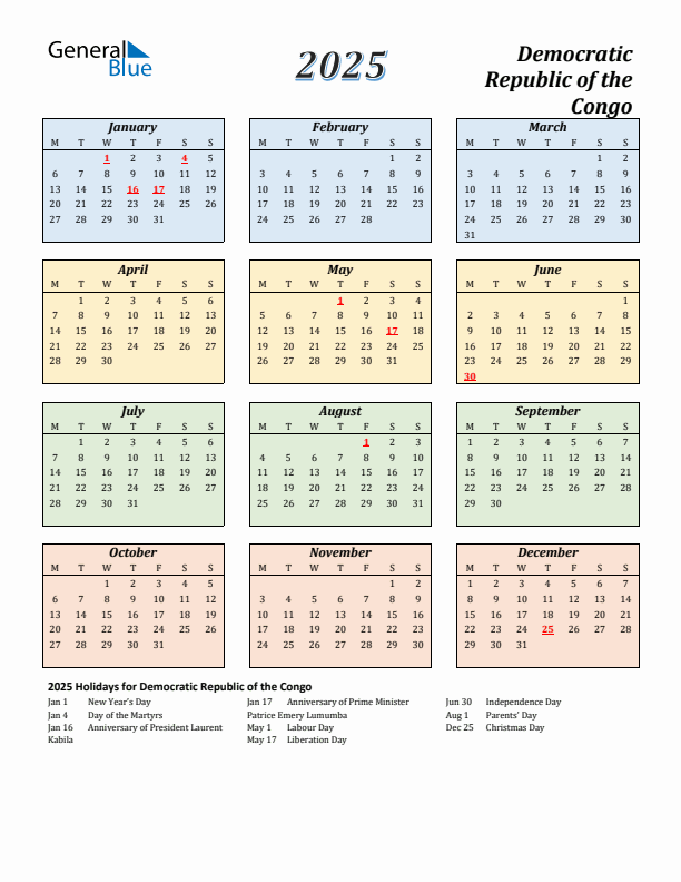 Democratic Republic of the Congo Calendar 2025 with Monday Start