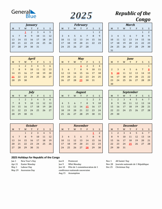 Republic of the Congo Calendar 2025 with Monday Start