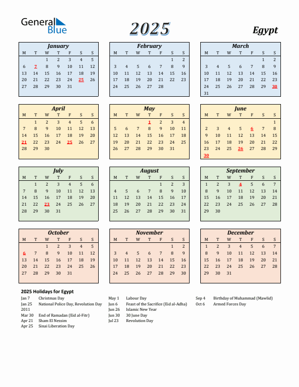 Egypt Calendar 2025 with Monday Start