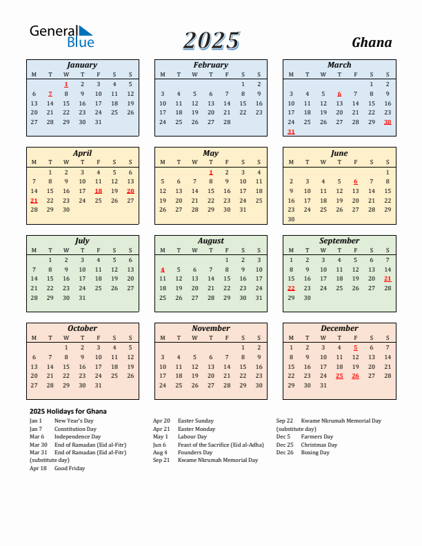 Ghana Calendar 2025 with Monday Start