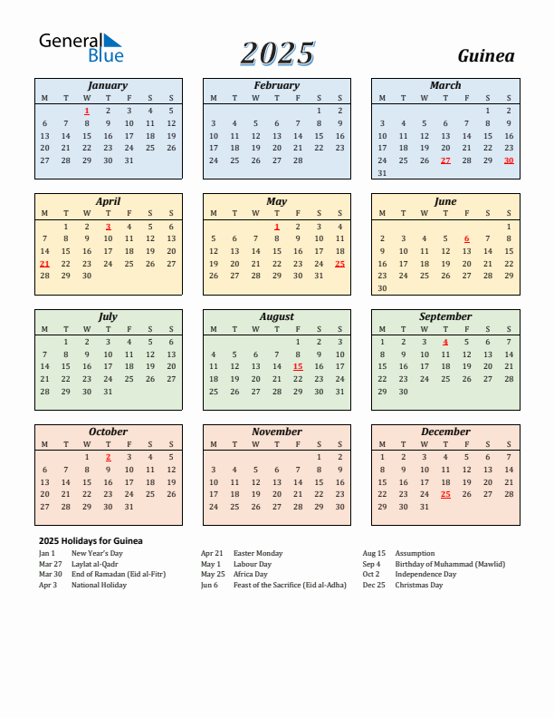 Guinea Calendar 2025 with Monday Start