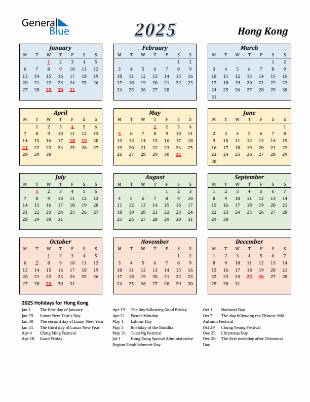 Hong Kong Calendar 2025 with Monday Start
