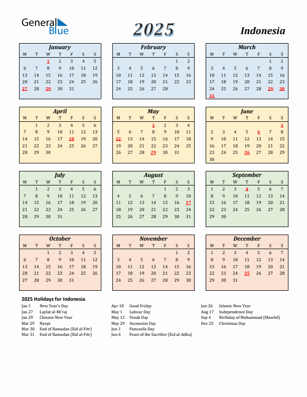 Indonesia Calendar 2025 with Monday Start