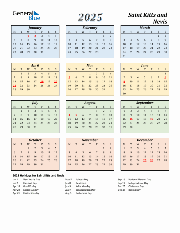 Saint Kitts and Nevis Calendar 2025 with Monday Start