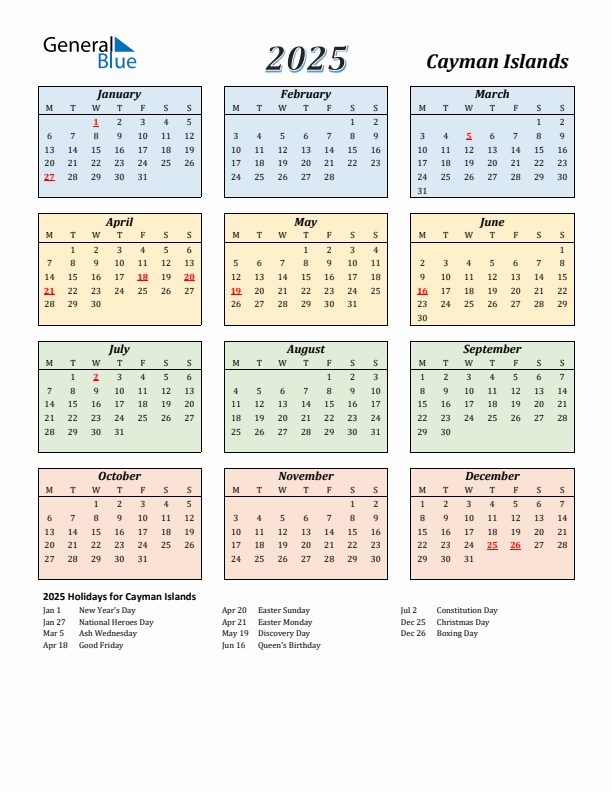 Cayman Islands Calendar 2025 with Monday Start