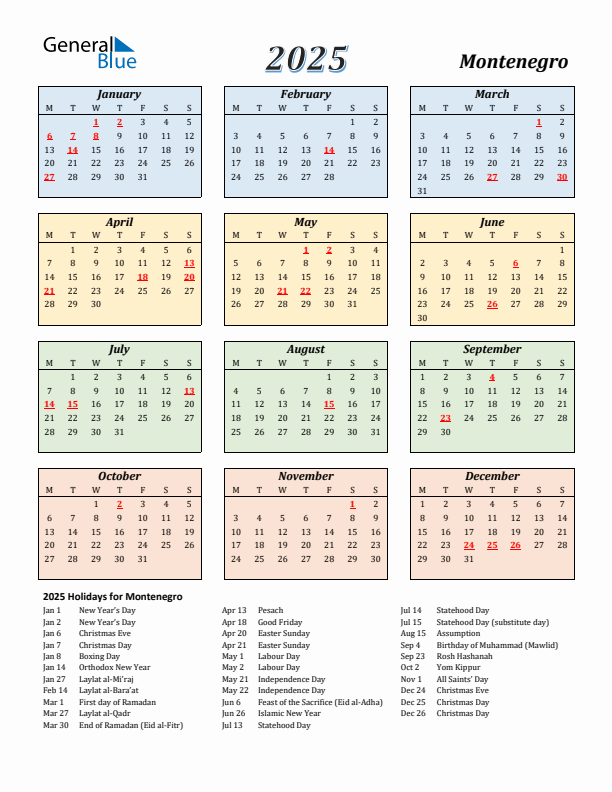 Montenegro Calendar 2025 with Monday Start