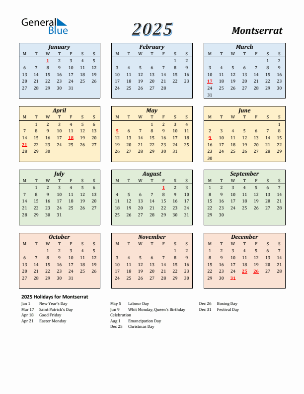 Montserrat Calendar 2025 with Monday Start