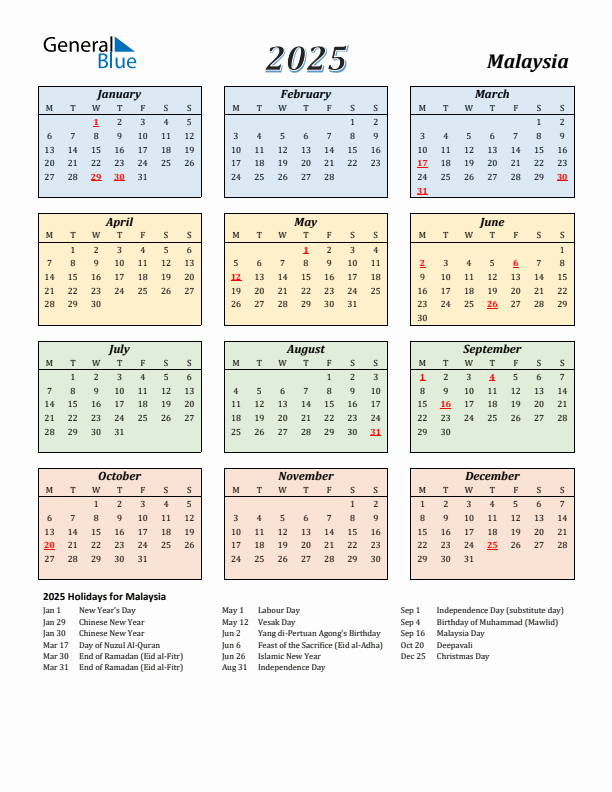 Malaysia Calendar 2025 with Monday Start