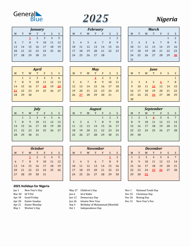 Nigeria Calendar 2025 with Monday Start
