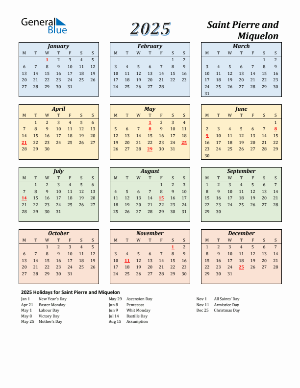 Saint Pierre and Miquelon Calendar 2025 with Monday Start