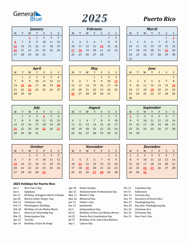 Puerto Rico Calendar 2025 with Monday Start