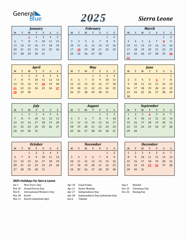 Sierra Leone Calendar 2025 with Monday Start
