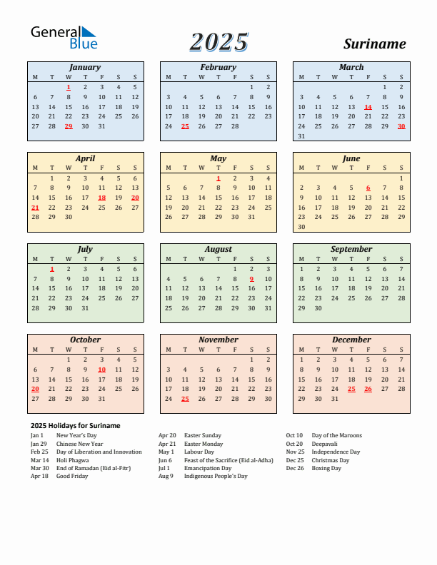 Suriname Calendar 2025 with Monday Start