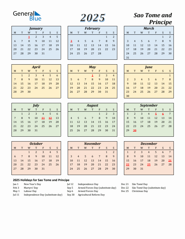 Sao Tome and Principe Calendar 2025 with Monday Start