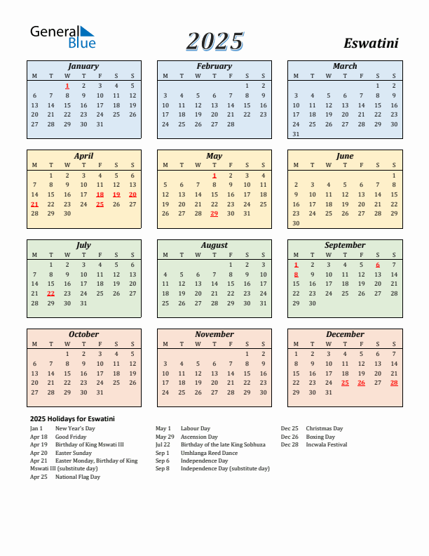 Eswatini Calendar 2025 with Monday Start