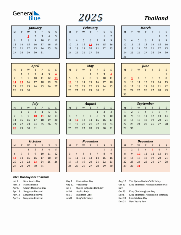 Thailand Calendar 2025 with Monday Start