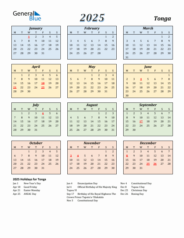 Tonga Calendar 2025 with Monday Start