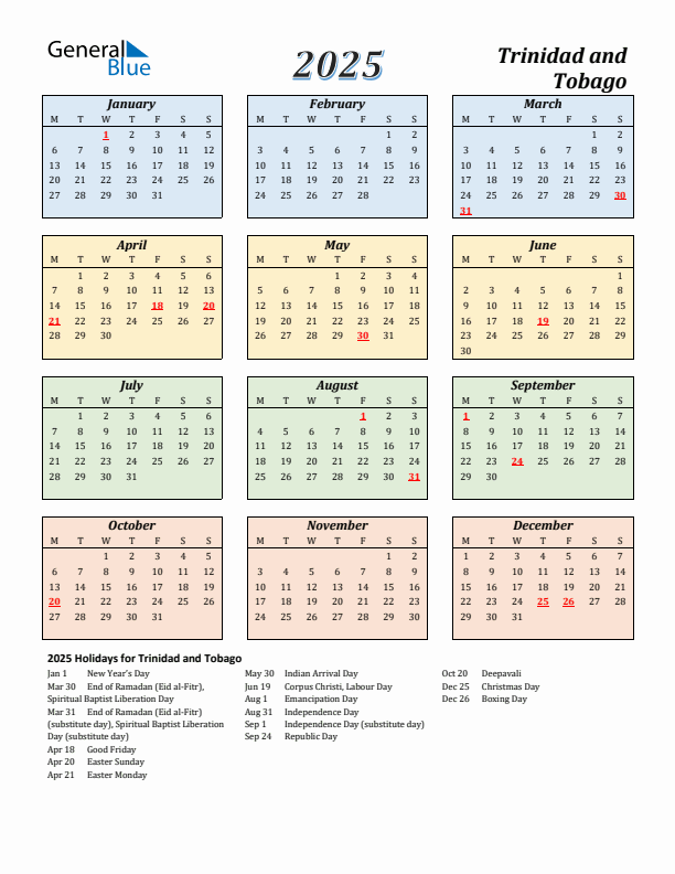 Trinidad and Tobago Calendar 2025 with Monday Start